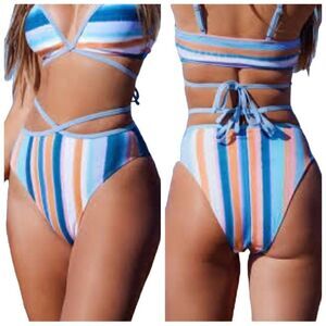 CUPSHE Waterfront Stripe Strappy High Waist Cheeky Bikini Bottom Size L